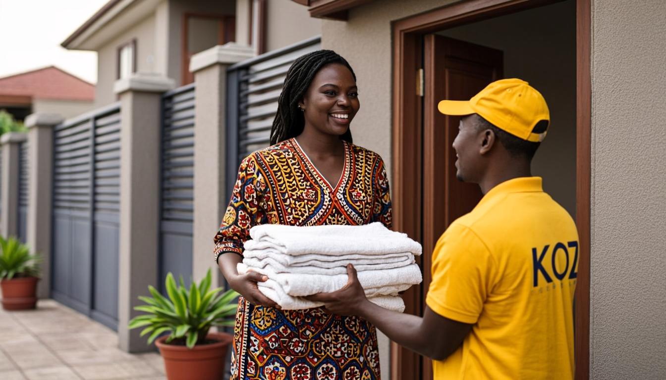 Happy customer receiving her clean laundry