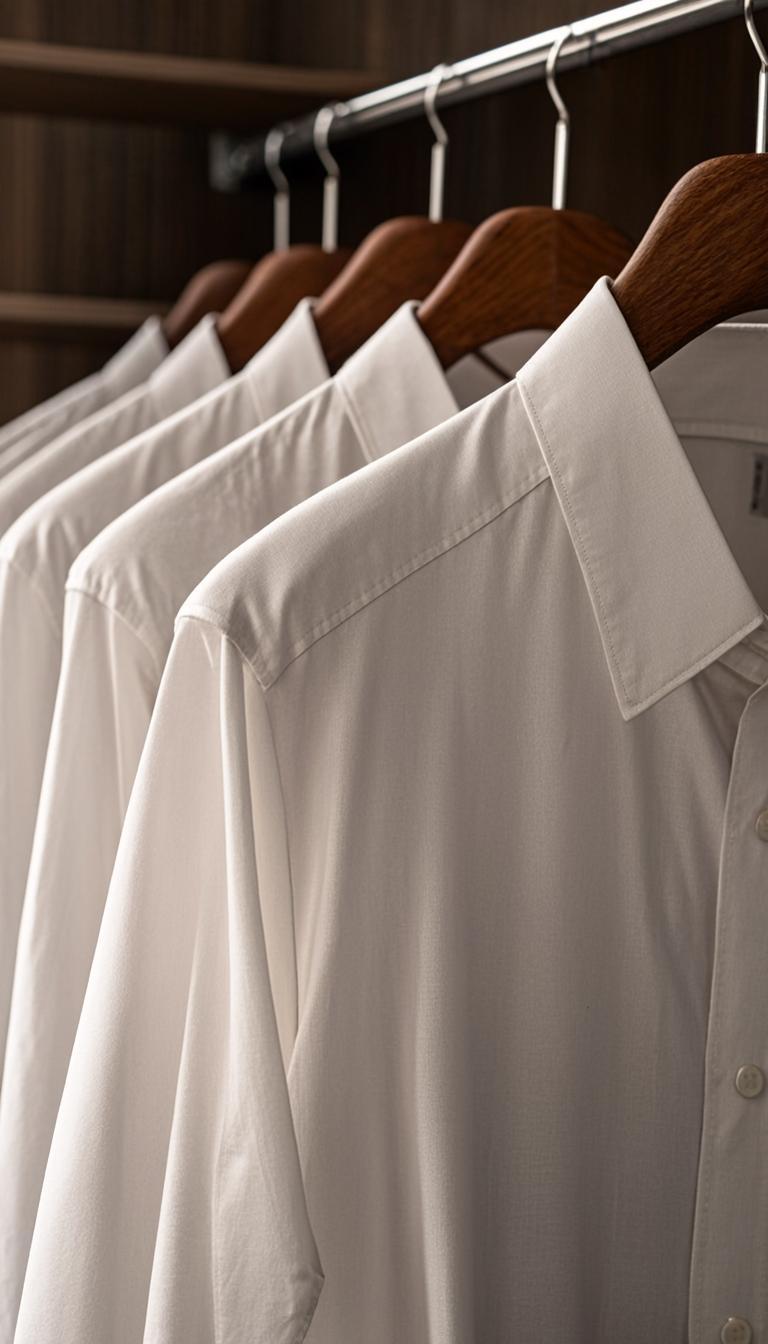 Pristine freshly pressed white shirts on premium wooden hangers